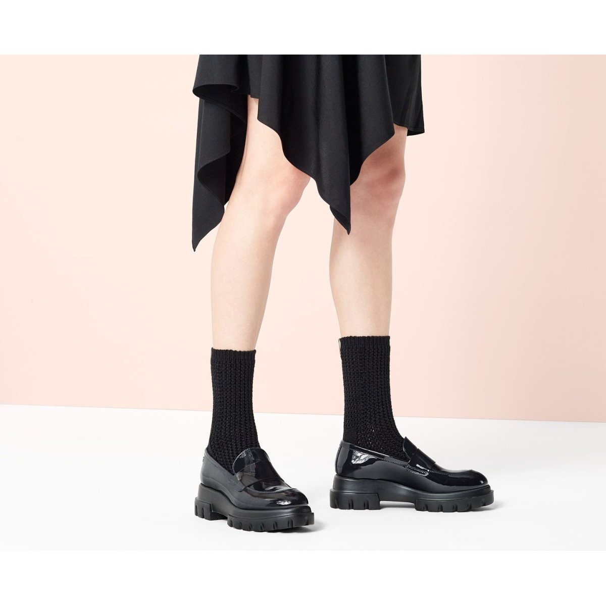 AGL loafers in black patent leather with thick rubber sole for