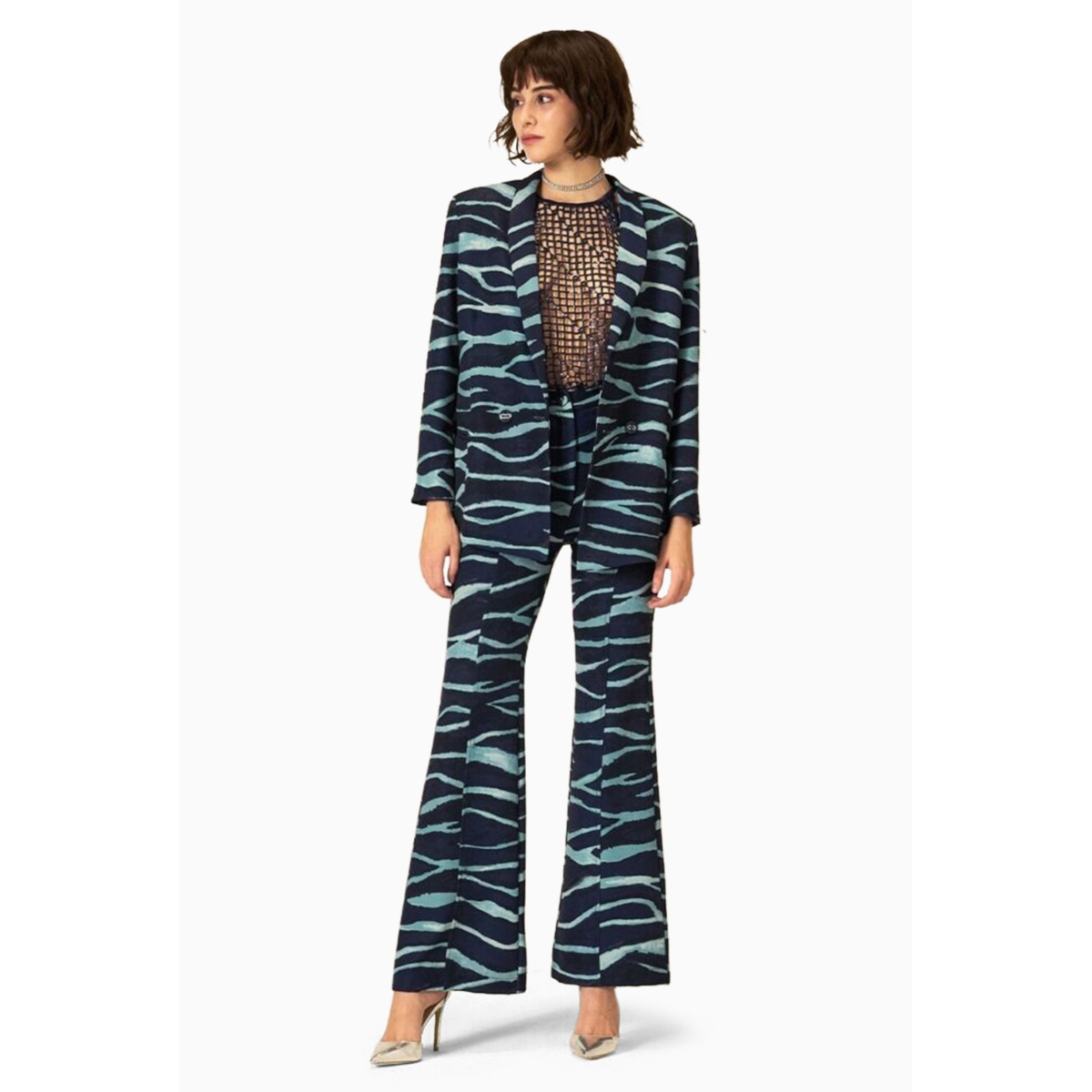 Même Road pants with navy and turquoise “zebra” pattern, flare cut for  women Size 42 Color UNICA Size 42 Color UNICA